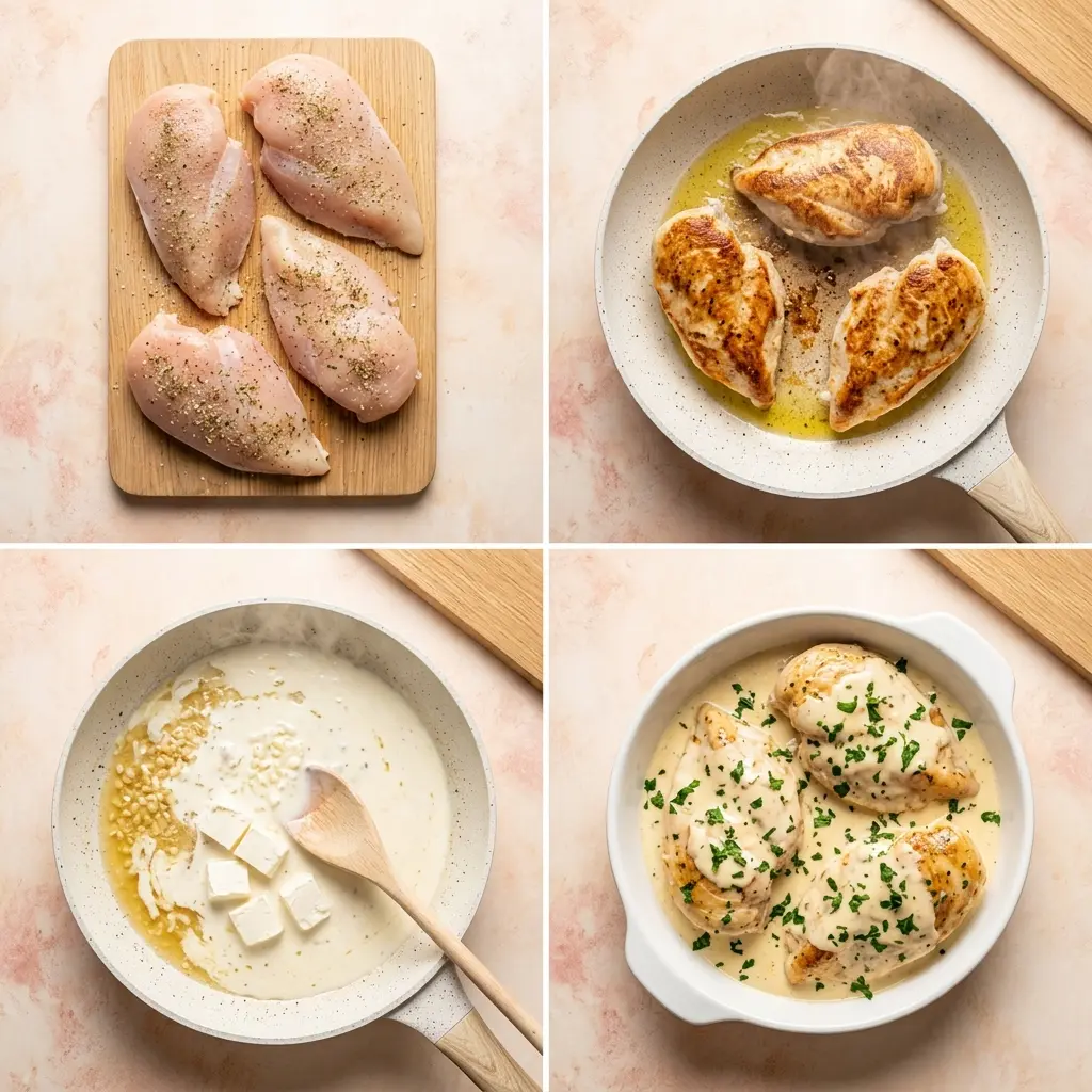 4-step cooking process collage for easy cream cheese chicken showing prep, searing, combining, and plating