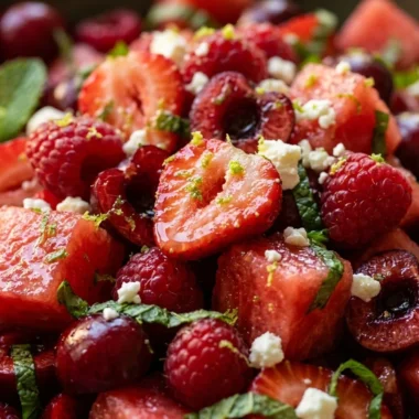 Close-up of Easy Keto Watermelon Fruit Salad with Lime Mint Dressing freshly made and ready to serve