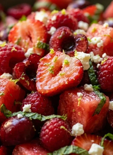 Close-up of Easy Keto Watermelon Fruit Salad with Lime Mint Dressing freshly made and ready to serve