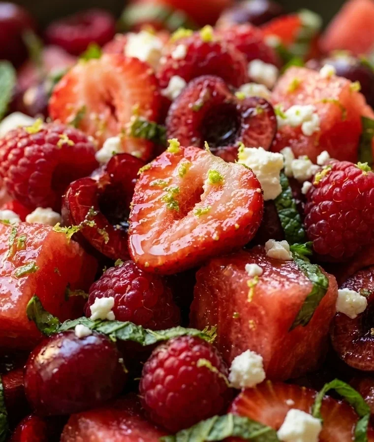 Close-up of Easy Keto Watermelon Fruit Salad with Lime Mint Dressing freshly made and ready to serve