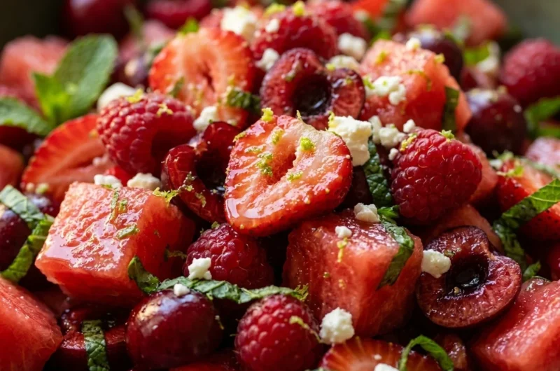 Close-up of Easy Keto Watermelon Fruit Salad with Lime Mint Dressing freshly made and ready to serve