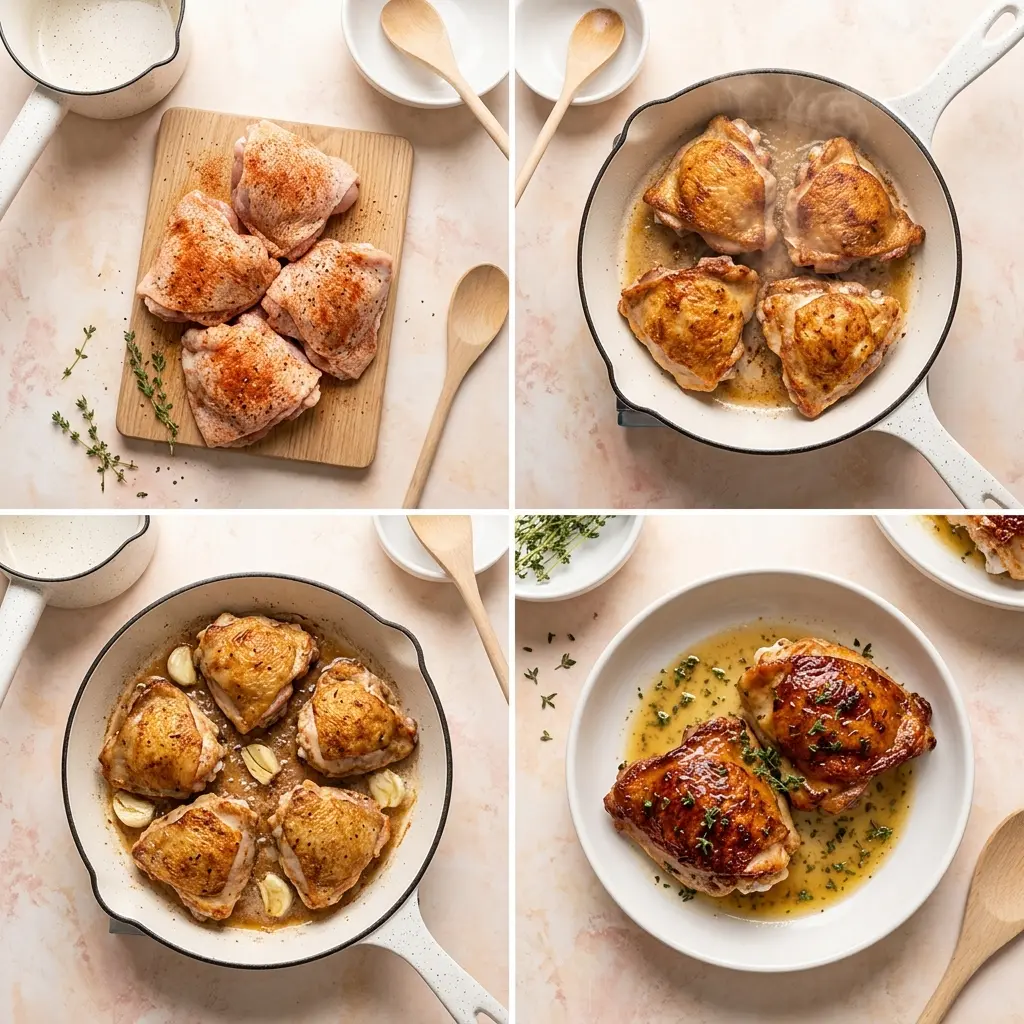 4-step cooking process for easy skillet chicken thighs showing prep, searing, flipping, and plating with pan sauce
