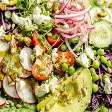 Close-up of Everything Spring Green Salad with Basil Lemon Vinaigrette freshly made and ready to serve