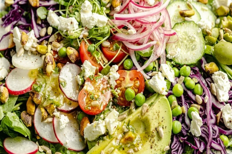 Close-up of Everything Spring Green Salad with Basil Lemon Vinaigrette freshly made and ready to serve