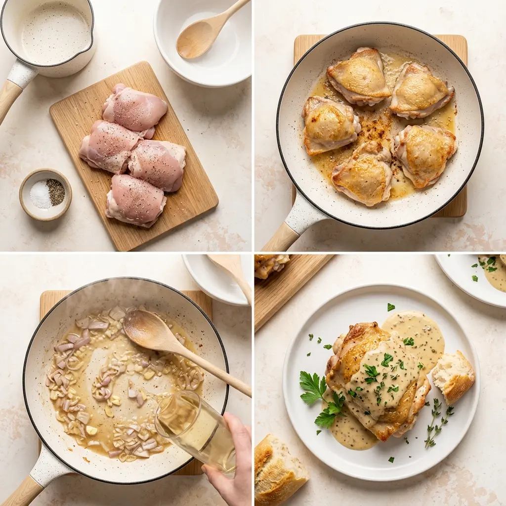 4-step cooking process collage for French Mustard Chicken (Poulet a la Moutarde) showing seasoning, searing, deglazing, and final plating