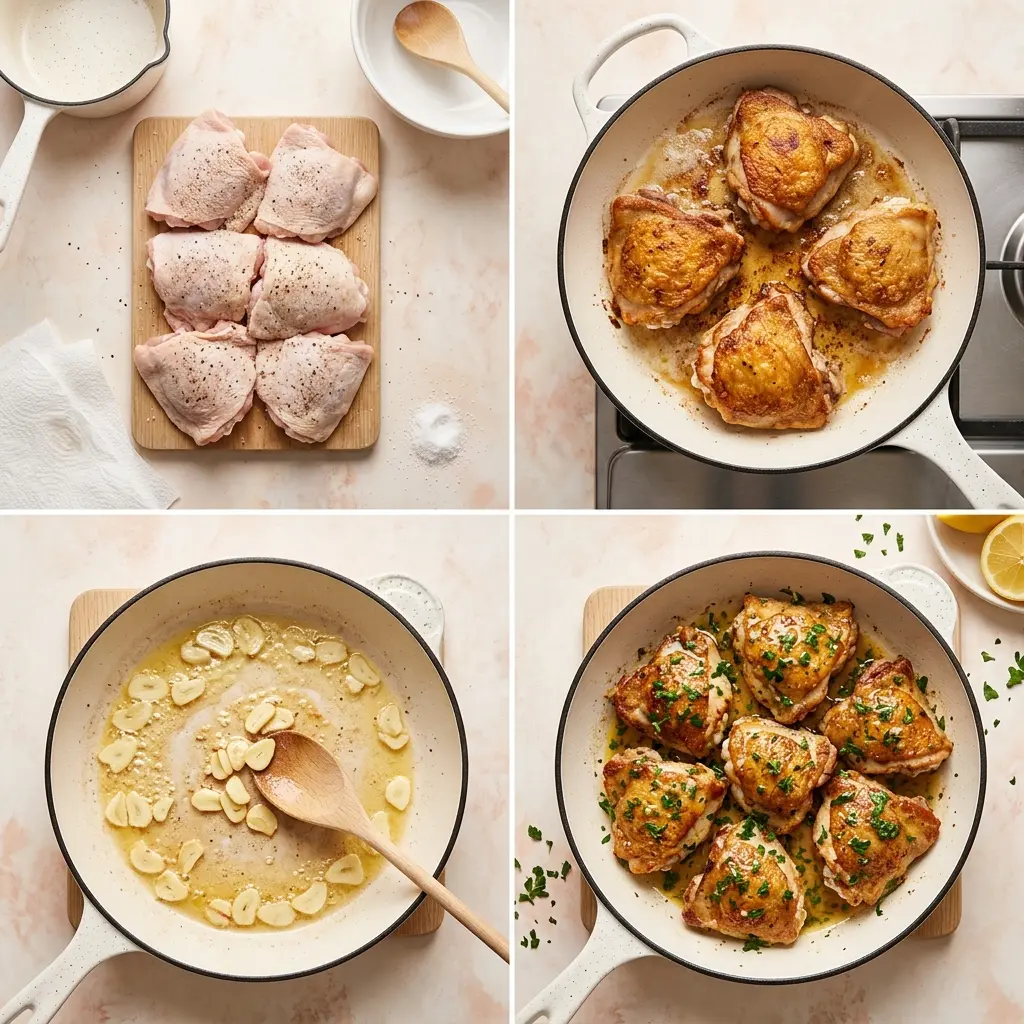 4-step cooking process for garlic butter chicken thighs showing prep, searing, combining, and plating