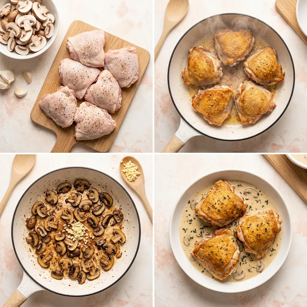 4-step cooking process for garlic mushroom chicken thighs showing prep searing sauteing and plating