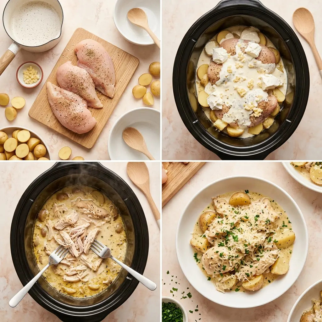 4-step cooking process collage for Garlic Parmesan Crockpot Chicken and Potatoes showing prep, layering, shredding, and plating
