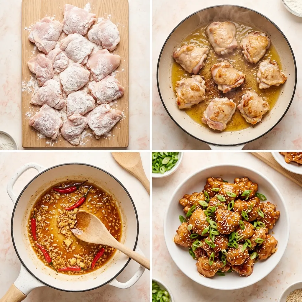 4-step cooking process collage for General Tso's Chicken showing coating, frying, sauce, and plating