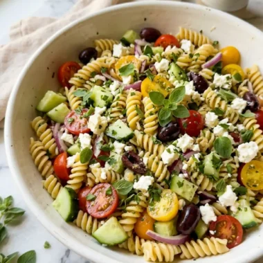 Greek Pasta Salad 5 Greek Pasta Salad in a white bowl with feta cheese and fresh oregano