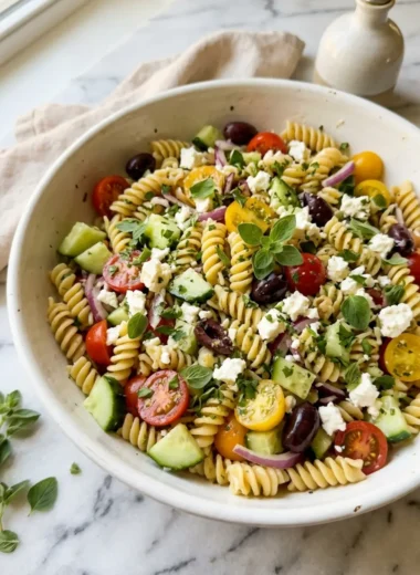 Greek Pasta Salad in a white bowl with feta cheese and fresh oregano