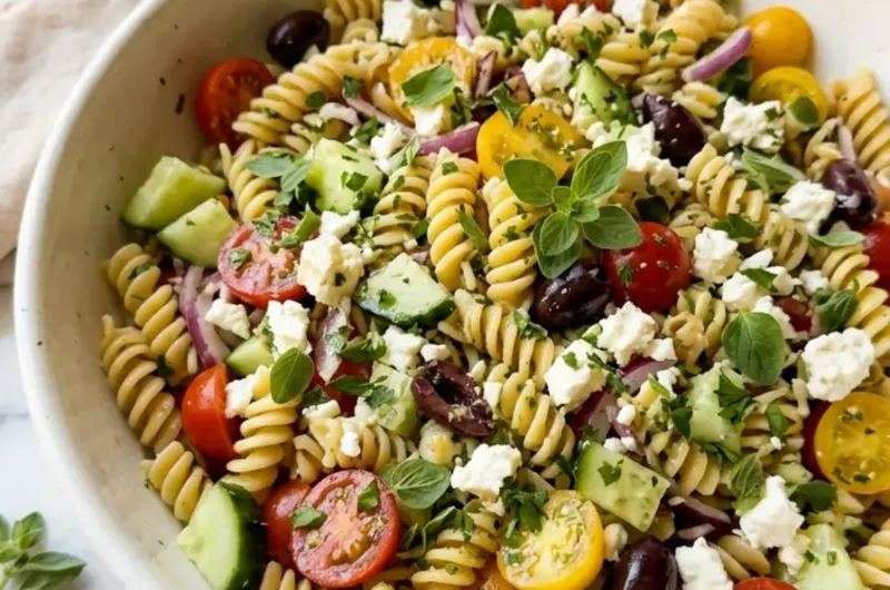 Greek Pasta Salad 1 Greek Pasta Salad in a white bowl with feta cheese and fresh oregano
