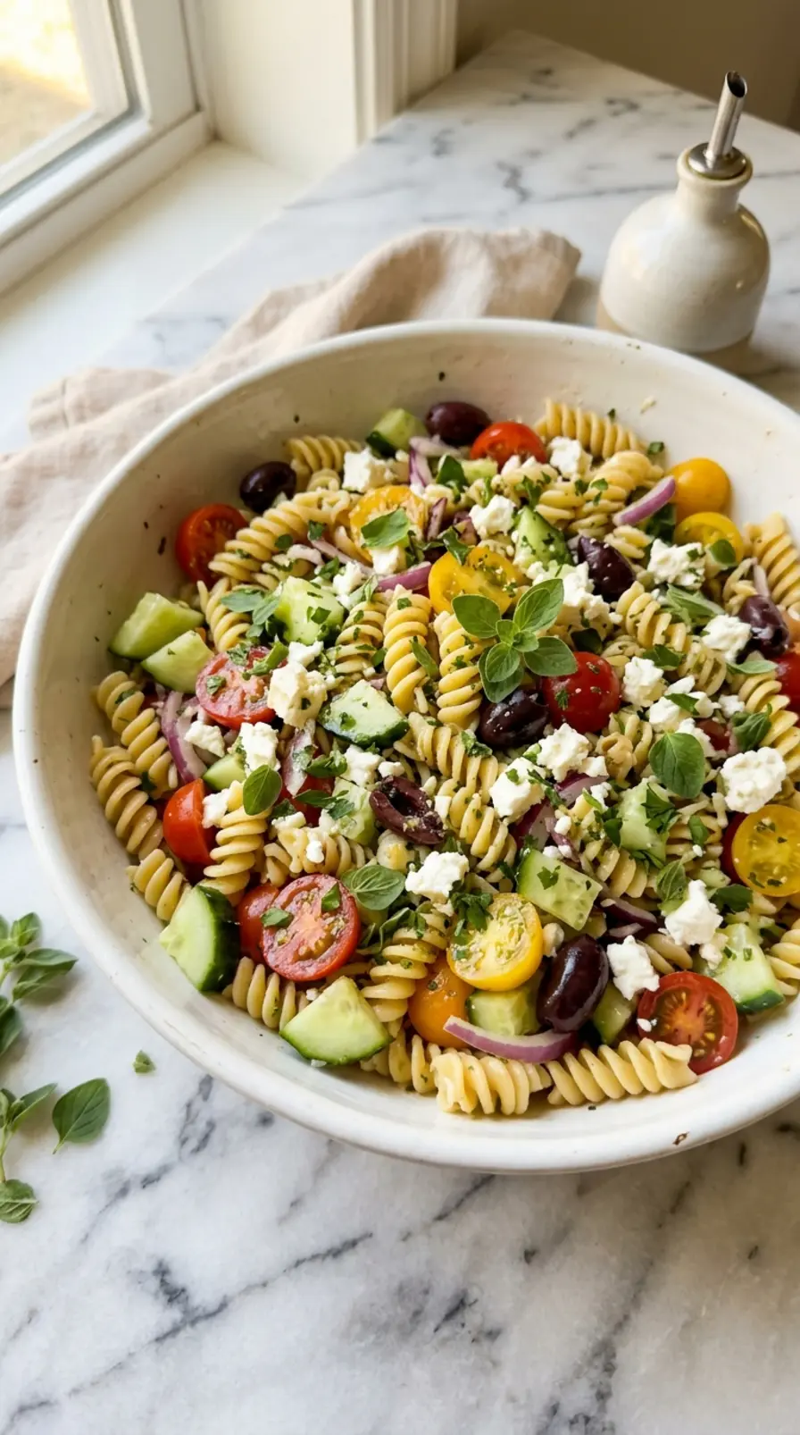 Greek Pasta Salad in a white bowl with feta cheese and fresh oregano