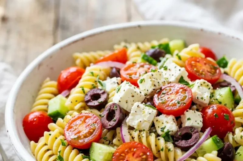 Greek Pasta Salad 3 Pinterest pin image for Greek Pasta Salad