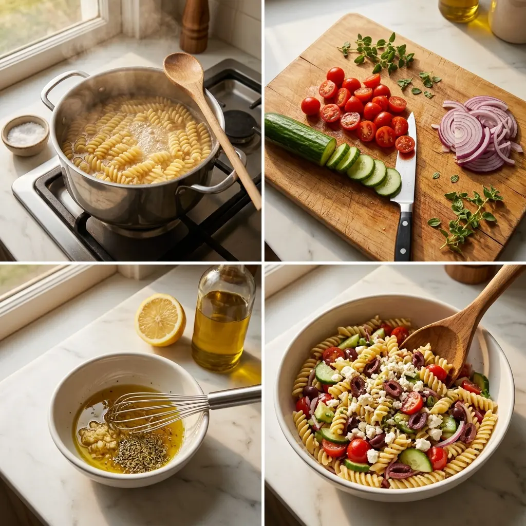 Greek Pasta Salad 2 4-step cooking process collage for Greek pasta salad showing boiling, chopping, dressing, and tossing