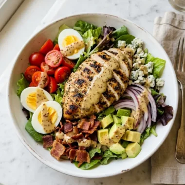 Grilled Chicken Cobb Salad with Honey Dijon 4 Grilled Chicken Cobb Salad with Honey Dijon in white bowl with bacon avocado eggs and blue cheese
