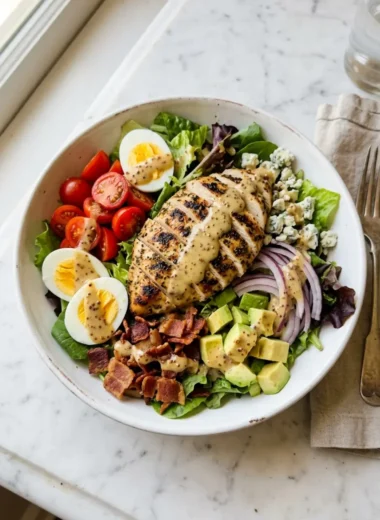 Grilled Chicken Cobb Salad with Honey Dijon in white bowl with bacon avocado eggs and blue cheese