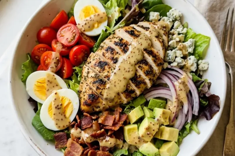 Grilled Chicken Cobb Salad with Honey Dijon 1 Grilled Chicken Cobb Salad with Honey Dijon in white bowl with bacon avocado eggs and blue cheese