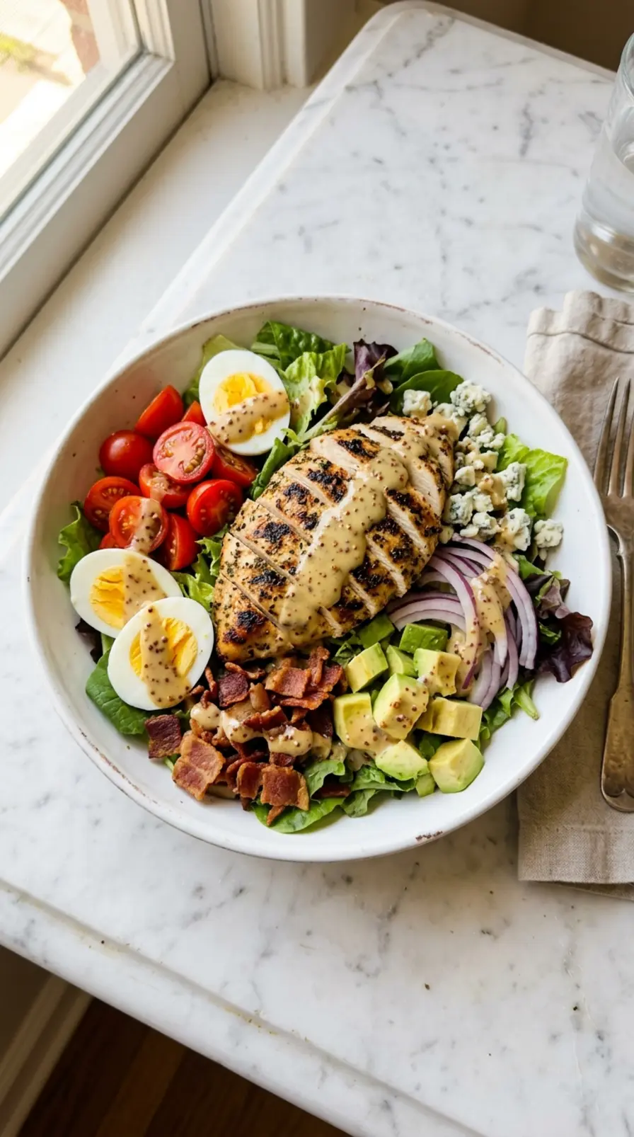 Grilled Chicken Cobb Salad with Honey Dijon in white bowl with bacon avocado eggs and blue cheese