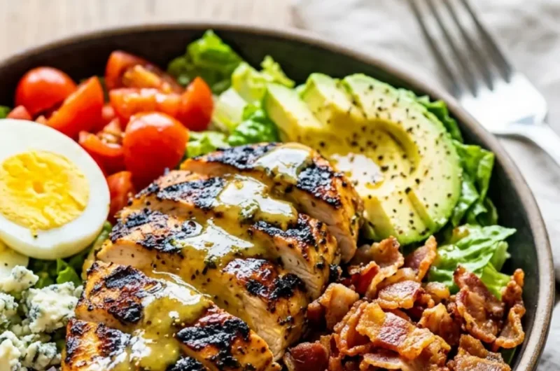 Grilled Chicken Cobb Salad with Honey Dijon 3 Pinterest pin image for Grilled Chicken Cobb Salad with Honey Dijon showing juicy chicken and bacon