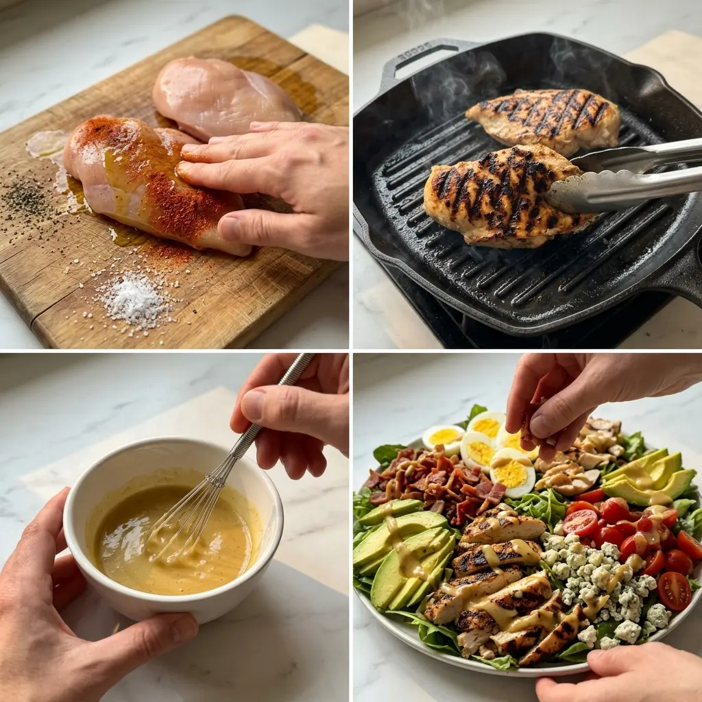 Grilled Chicken Cobb Salad with Honey Dijon 2 4-step cooking process collage for Grilled Chicken Cobb Salad with Honey Dijon showing seasoning, grilling, dressing, and plating