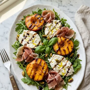 Grilled Nectarine Burrata Prosciutto Salad on a white platter with charred nectarines and torn burrata