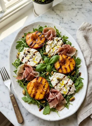 Grilled Nectarine Burrata Prosciutto Salad on a white platter with charred nectarines and torn burrata
