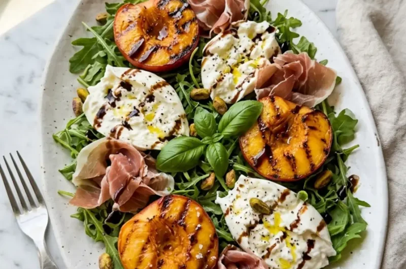 Grilled Nectarine Burrata Prosciutto Salad on a white platter with charred nectarines and torn burrata