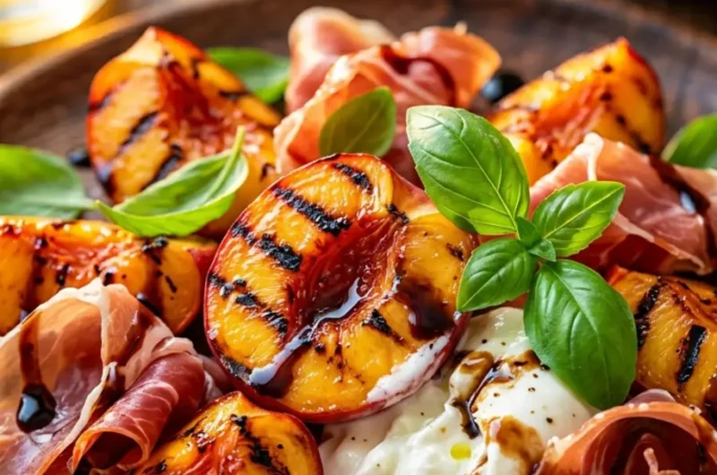 Pinterest pin image for Grilled Nectarine Burrata Prosciutto Salad with charred nectarines and burrata