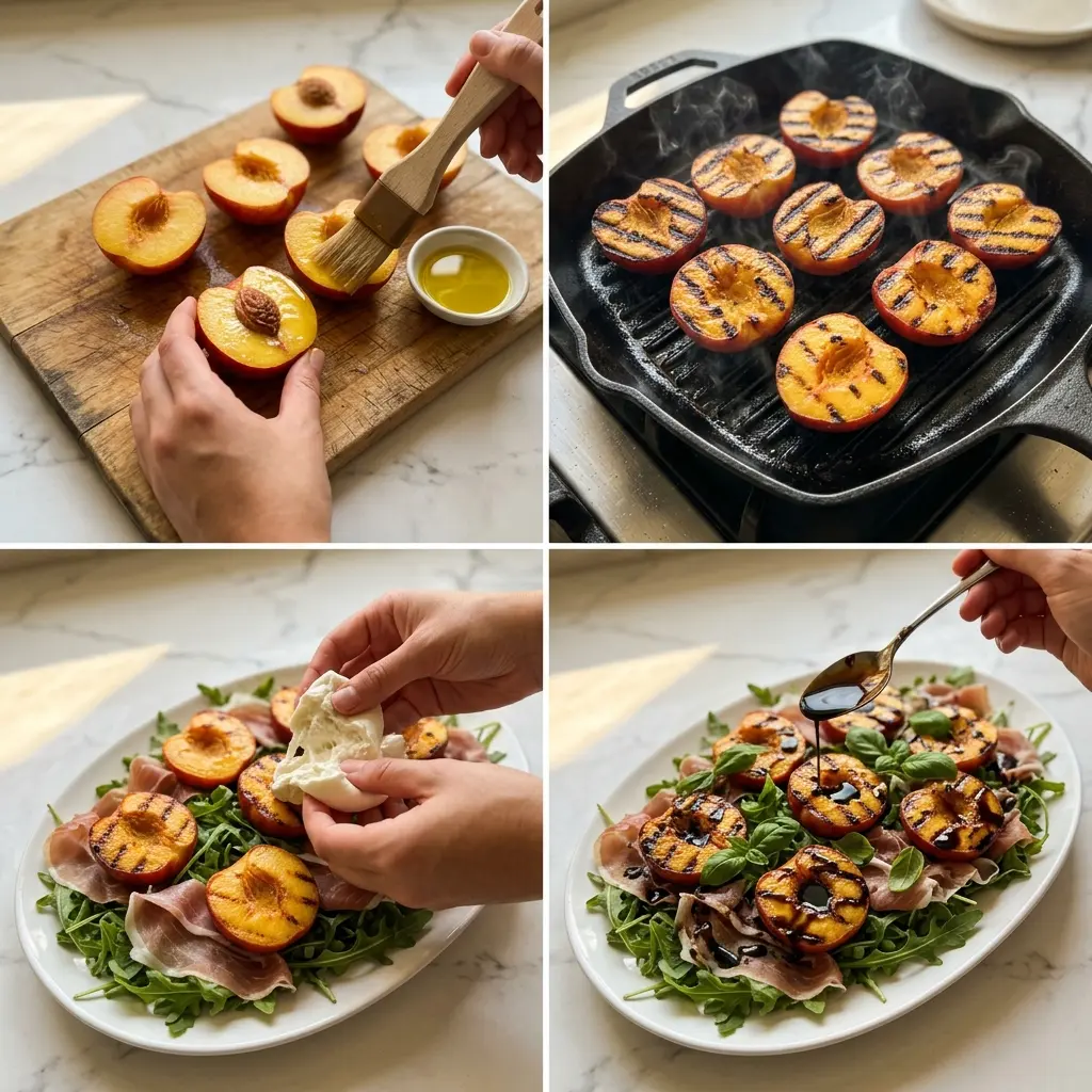4-step cooking process collage for Grilled Nectarine Burrata Prosciutto Salad showing prep, grilling, assembling, and glazing
