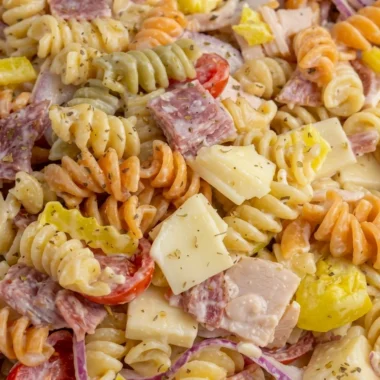 Close-up of Grinder Pasta Salad freshly made and ready to serve