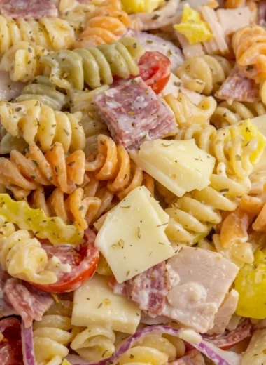 Close-up of Grinder Pasta Salad freshly made and ready to serve