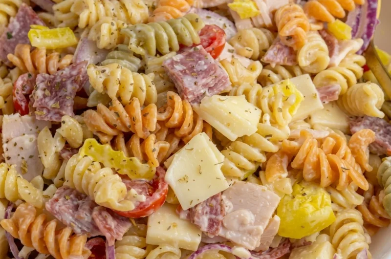 Close-up of Grinder Pasta Salad freshly made and ready to serve