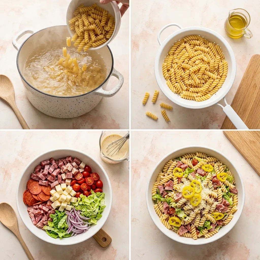 4-step cooking process collage for grinder pasta salad showing prep, draining, mixing, and plating