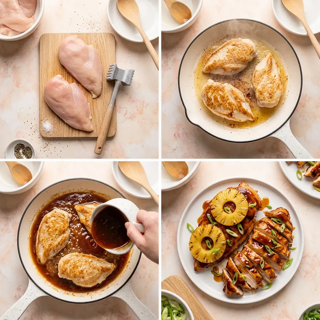 4-step cooking process for Hawaiian BBQ chicken showing prep, searing, glazing, and the finished plated dish