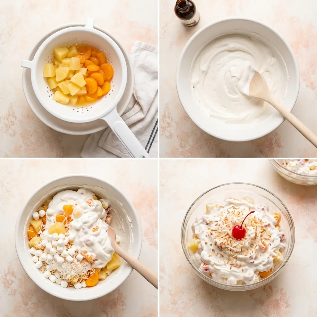 4-step cooking process for Hawaiian fruit salad with Cool Whip showing draining, mixing, folding, and plating