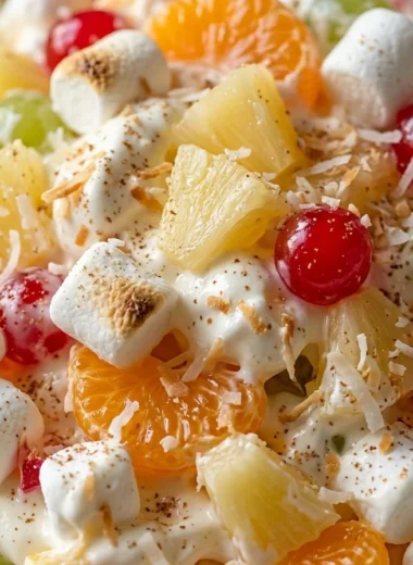 Close-up of Hawaiian Fruit Salad With Cool Whip freshly made and ready to serve