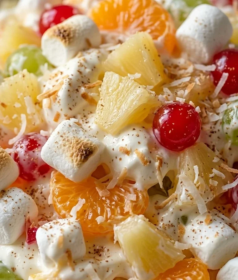 Close-up of Hawaiian Fruit Salad With Cool Whip freshly made and ready to serve