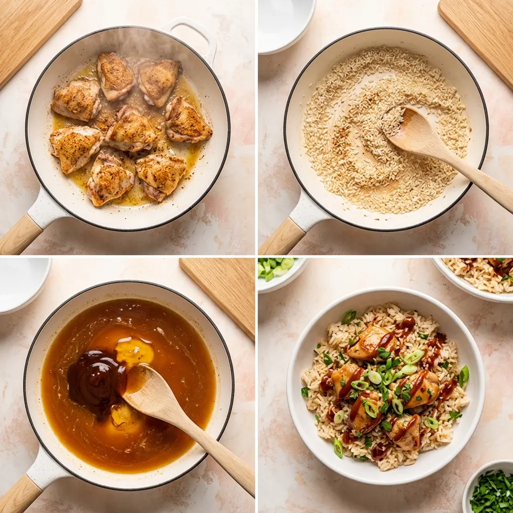 4-step cooking process collage for Honey BBQ Chicken and Rice showing searing, toasting rice, adding sauce, and the finished dish