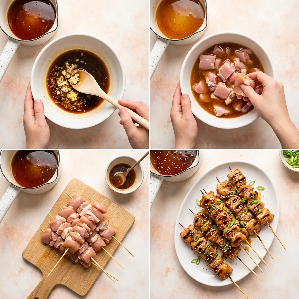 4-step cooking process collage for Honey Garlic Chicken Skewers showing marinade mixing, marinating, threading, and finished glazed skewers