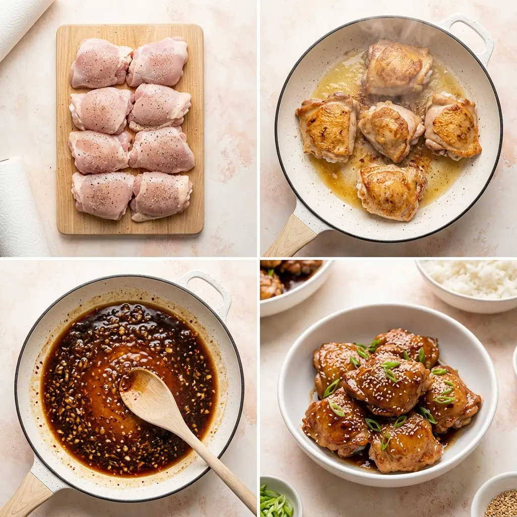 4-step cooking process collage for honey garlic chicken thighs showing prep, searing, sauce, and plated dish