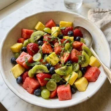 honey lime fruit salad in white bowl with fresh mint and glossy honey lime dressing