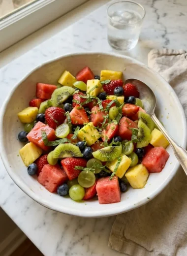 honey lime fruit salad in white bowl with fresh mint and glossy honey lime dressing
