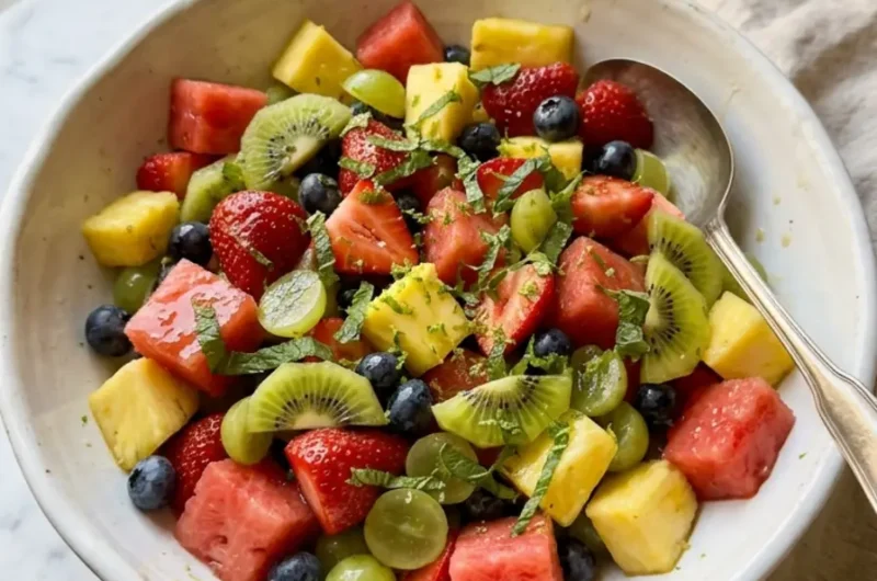 honey lime fruit salad in white bowl with fresh mint and glossy honey lime dressing