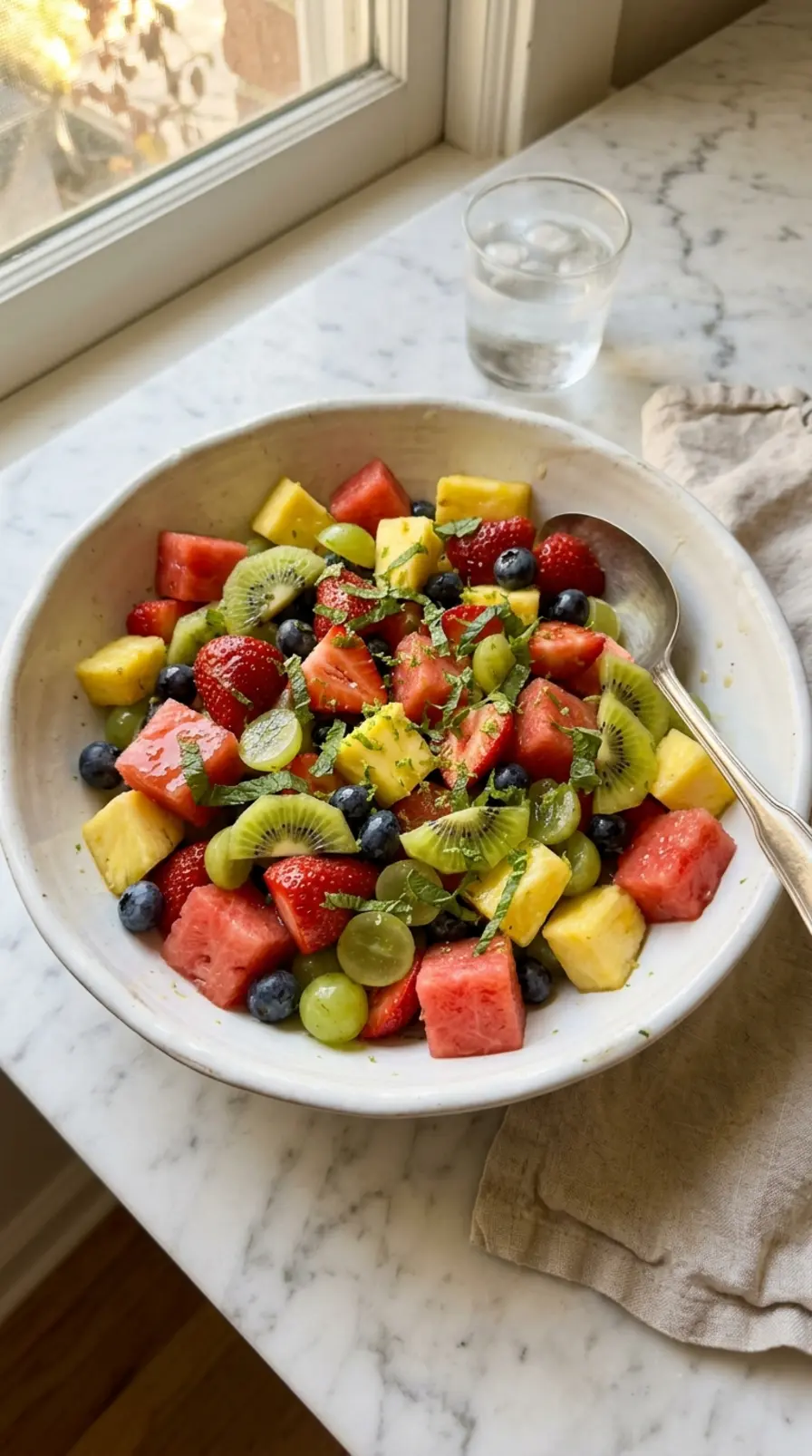 honey lime fruit salad in white bowl with fresh mint and glossy honey lime dressing