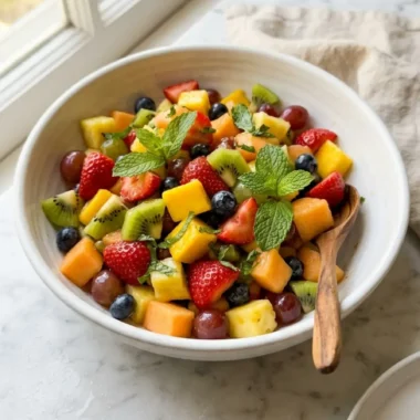 Honey Lime Rainbow Fruit Salad in a white bowl with colorful fruits and fresh mint