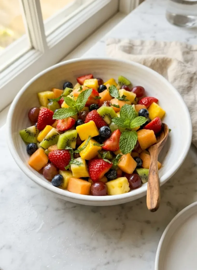 Honey Lime Rainbow Fruit Salad in a white bowl with colorful fruits and fresh mint