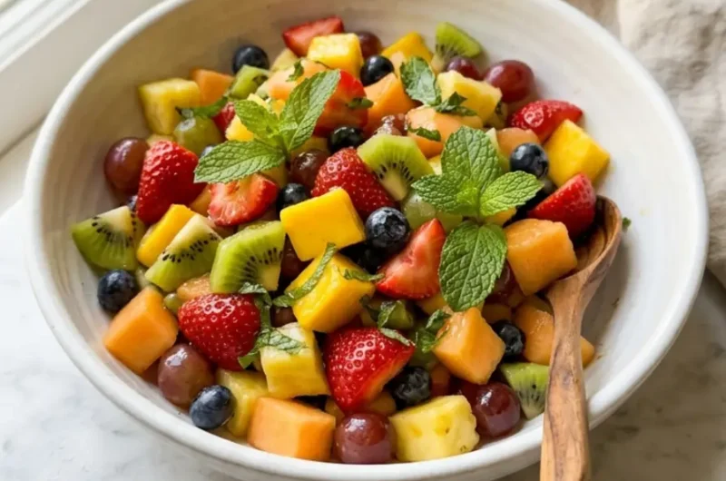 Honey Lime Rainbow Fruit Salad in a white bowl with colorful fruits and fresh mint