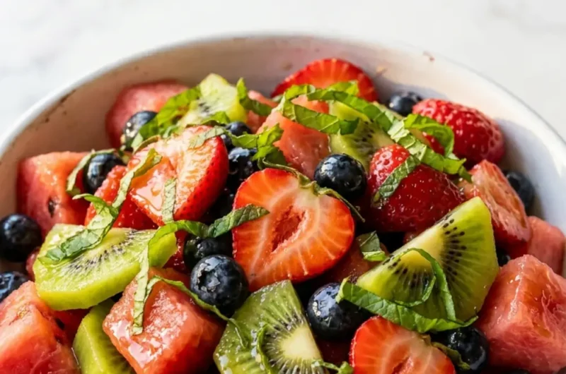 Pinterest pin image for honey lime fruit salad in white bowl with glossy dressing