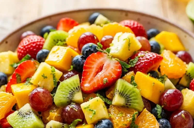 Pinterest pin image for Honey Lime Rainbow Fruit Salad